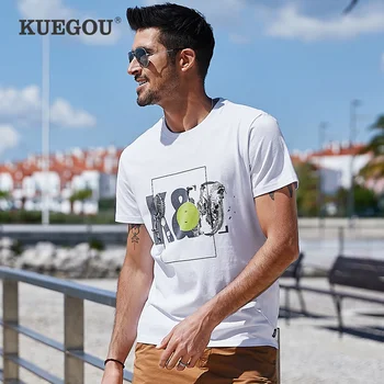 KUEGOU kokvilnas modes Vīriešu T-krekls ar īsām piedurknēm Kabatas apdare drukāšanas vasaras t krekls vīriešiem balts tops, izmērs ZT-3386