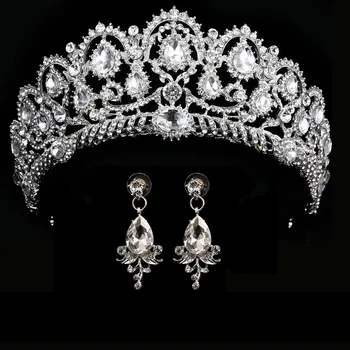 Kāzu kronis karaliene līgavas tiara līgavas kronis ar auskaru luksusa rhinestone galvu diadem līgavu matu rotas, rotas