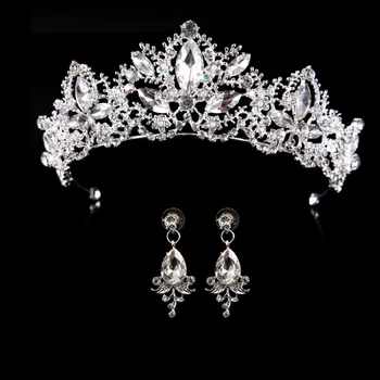 Kāzu kronis karaliene līgavas tiara līgavas kronis ar auskaru luksusa rhinestone galvu diadem līgavu matu rotas, rotas