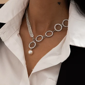 Lacteo Pārspīlēti Apaļa Apļa Savstarpējās Rhinestone sānslīdi kaklasaite Kaklarota Sievietēm Hip Hop Imitācija Pērle Kulons Neparasta Kaklarota