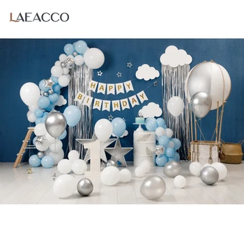 Laeacco Zila gaisa Baloni Bērnu 1. Dzimšanas dienu Fotogrāfijas Fons Puse Dekori Bērnu Dušas Photocall Foto Fona Foto Studija