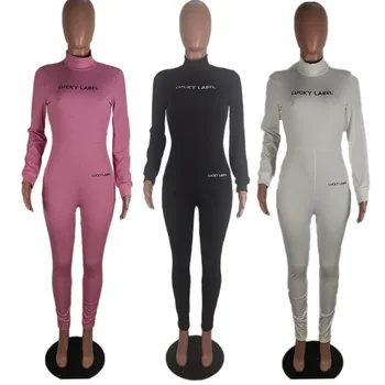 Laimīgs Etiķetes Jumpsuit Izdilis Bodysuit tīrtoņa Krāsu Vēstuli Drukāts Vienā Gabalā Apģērbs Soft Salātu Kombinezonus Sieviešu Apģērbs