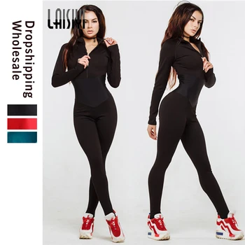 LAISIYI Black Sexy Bodycon Jumpsuit Romper garām Piedurknēm Bodysuit Sieviešu Rāvējslēdzēju V Kakla Jumpsuit Elegants Pilna Garuma Poliestera 2018