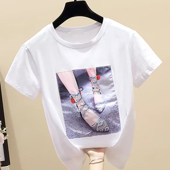 Lakrosa Sieviešu Iespiesti Aplikācijas Krelles Balts ar Īsām Piedurknēm T-krekls ar O-veida kakla 2020. gada Vasaras Topi Brīvs Modes Dāmas Apģērbu 8642 50