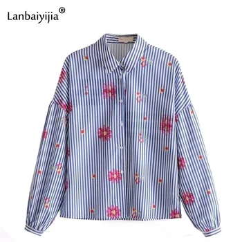 Lanbaiyijia 2018. gada Pavasarī jaunu krekli, Sieviešu Ikdienas Krekls Savukārt Apkakle Svītru drukāt Kreklus ar vienu krūtīm, Sieviešu Blūze
