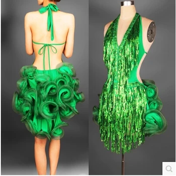 Latīņamerikas deju kleita zaļā profesionālās kostīms sievietēm, bārkstis, samba kostīms, krāsains sieviešu balles konkurences kleitas, pušķi
