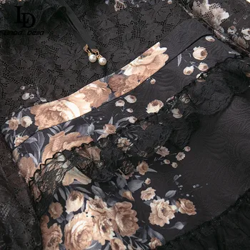 LD LINDA DELLA Modes Skrejceļa Rudens Kleita Sieviešu garām Piedurknēm ar Mežģīņu Raibs Ruffles Dobi Izšuvumi Vintage pusgarās Kleita