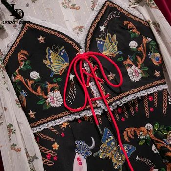LD LINDA DELLA Vasaras Modes Skrejceļa Kleita Sievietēm ar garām piedurknēm Luksusa Kristāla Pērlītēm Vintage Dzīvnieku Ziedu Drukāt Šifona Mini Kleita