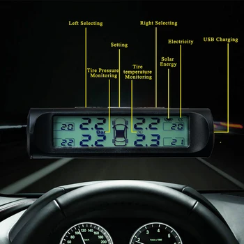 Led Apgaismojums riepu spiediena trauksmes monitors TPMS Automašīnu riepu Spiediena kontroles Sistēma ar digitālu Displeju, riepu Saules enerģijas Jaudu USB