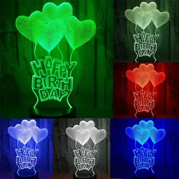 LED lampa Happy Birthday Dāvanu 3D Hologrammas Mīlestības Sirds Baloni, Galda Lampa Nakts Gaisma 7 Krāsas, Mainīt Mājas Dekors Bērniem Dāvanu