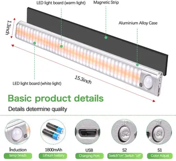 LED Nakts Gaisma Kustības Sensors ministru Kabineta Gaismas USB Bezvadu Skapja Apgaismojums 3 Krāsu regulējamu spilgtumu Lampas Virtuves Skapis