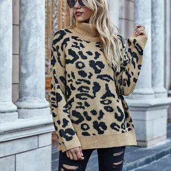Leopard Augstu Uzrullētu Apkakli Džemperis Sievietēm Gadījuma Zaudēt Adīti Džemperi Ziemai, Bieza, Ar Garām Piedurknēm, Sieviešu Džemperi Gadījuma Top Sieviete