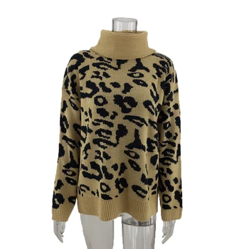 Leopard Augstu Uzrullētu Apkakli Džemperis Sievietēm Gadījuma Zaudēt Adīti Džemperi Ziemai, Bieza, Ar Garām Piedurknēm, Sieviešu Džemperi Gadījuma Top Sieviete