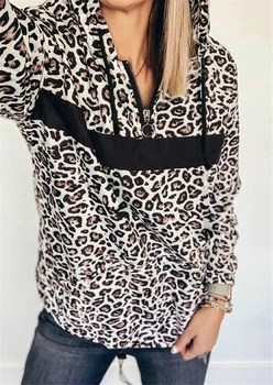 Leoparda Krāsas Bloka Rāvējslēdzēju Pelēkā Vārna Sporta Krekls Sievietēm Aukliņu Kapuci Top Gadījuma Raibs Puloveri 2020. Gadam Sieviešu Hoodies
