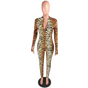 Leopards, Tīģeris Drukāt Sexy Jumpsuit Sieviešu Izspēles Kakla Garām Piedurknēm Bodycon Bodysuit Priekšā Rāvējslēdzējs Nakts Kluba Puses Romper (Dungriņi)