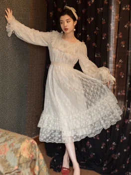 Liela Izmēra Mežģīņu Princese Kleita Sievietēm Ir 2021. Vintage Ziedu Izšuvumi Ziedlapiņu Piedurknēm Suqare Apkakles Pasaku Kleitas Vestido Mujer Festa