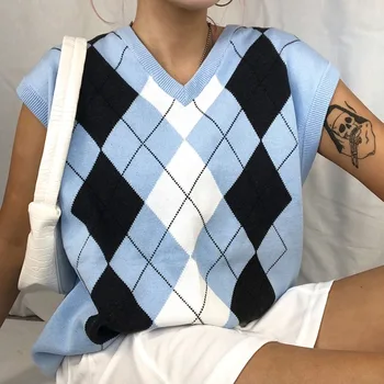 Lielajam Argyle Modelis Adīts Džemperis Veste Sievietēm 2020. Gadam Streetwear V Kakla Vintage Pleds Y2K Top 90s Irdenas Trikotāžas Apģērbs Sieviešu
