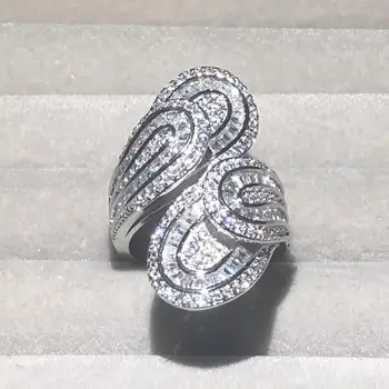 Lielas, mirdzošas 925 Sterling Silver gredzeni Sievietēm Luksusa Lapu Bruģēt Imitēts Diamond Kokteilis Kāzu Gredzenu komplektu Rotaslietas 925
