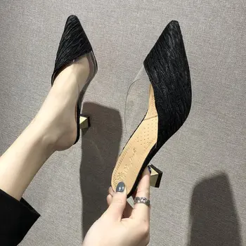 LIHUAMAO Mūļu kurpes sieviešu kaķēns papēža slaidi paslīdēt uz mokasīni sexy norādīja toe duncis papēdi ērti tupele apavi