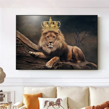 Lion King Royal Crown Audekls Izdrukas Sienas, Mākslas Plakāti Un Izdrukas Āfrikas Dzīvnieku Smieklīgi Lauva Glezniecības Ainu, Dzīvojamā Istaba