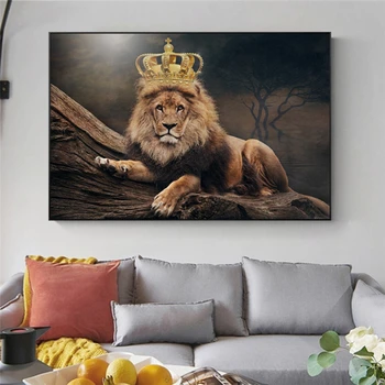 Lion King Royal Crown Audekls Izdrukas Sienas, Mākslas Plakāti Un Izdrukas Āfrikas Dzīvnieku Smieklīgi Lauva Glezniecības Ainu, Dzīvojamā Istaba