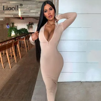 Liooil Sexy Zip Up Bodycon Sen Maxi Kleita Sievietēm Ir 2021. Pilnu Piedurknēm O Kakla Haki Pelēkā Nakts Klubs No Partijas Saspringto Aprīkots Kleitas
