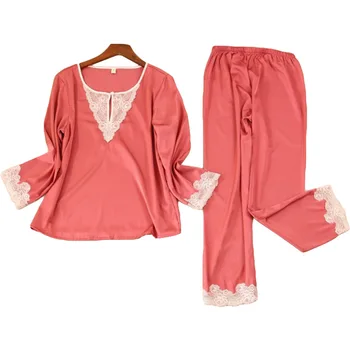 Lisacmvpnel Imitācija Zīda Sieviešu Pidžamas Komplekts Ar Garām Piedurknēm Uzvalks Sexy Mežģīņu Pidžamas