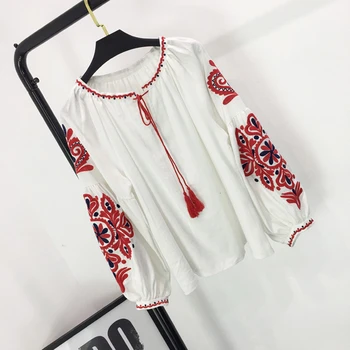 [LIVIVIO] Kokvilnas Puff garām Piedurknēm Izšuvumi Apaļu Kakla Pušķis Strin Blūze Sieviešu Krekls Sieviešu korejas Modes Apģērbi