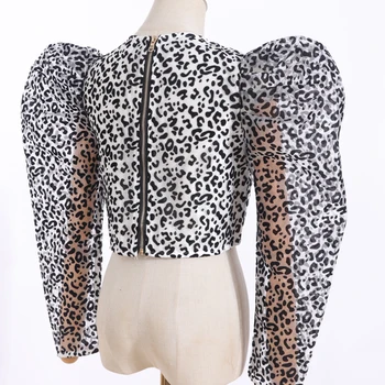 [LIVIVIO] Vintage Puff garām Piedurknēm ar Apaļu Kakla Leoparda Blūze Sieviešu Crop Topi Krekls