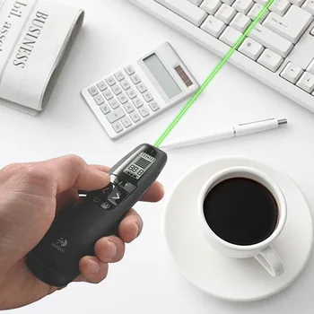 Logitech 2.4 Ghz USB R800 bezvadu tālvadības lapu-pagrieziena demonstrācijas PPT īpašu pildspalvu zaļā lāzera pildspalva biroja led gaismas