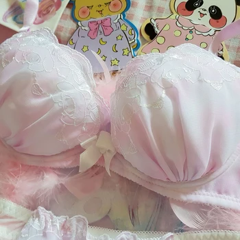 Loita Rozā, Violeta Push Up Underwire Apakšveļas Komplekts Japāņu Izšuvumi Pusaudžu Meitene Princese Sexy Sievietes Kawaii Loku Bra & Biksītes Komplekts