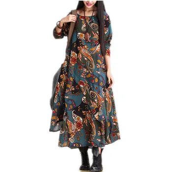 Long sleeve plus lieluma kokvilnas veļa vintage ziedu sievietes ikdienas zaudēt rudens kleita puse elegants apģērbs ir 2021. dāmas kleitas