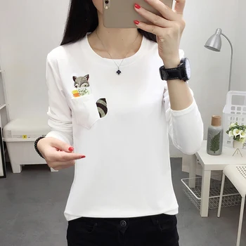Long Sleeve T Krekls, Sieviešu Topi Plus Lieluma 2020 Rudens Ziemas Tee Krekls Sievietēm Korejiešu Stilā Kabatas Vāvere Izšūšana T