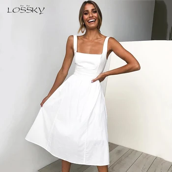 Lossky Gadījuma Cietā Kleita Sievietēm Midi Ilgi Vasaras Sexy Backless Slīdēšanas Kleitas Ruched Modes Elegants Puse Drēbes Atpūtas 2021