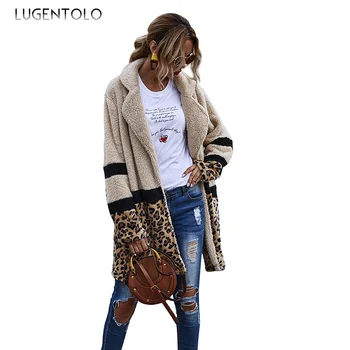 Lugentolo Sieviešu Mētelis Jaunas Jakas Flocking Rudens Ziemas Modes Vidēja Garuma Plīša Mētelis Leopard Izšūšanas Sieviešu Ikdienas Mēteļi