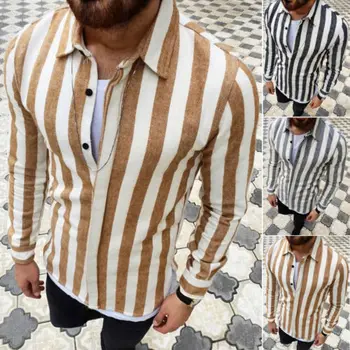 Luksusa Modes Mens Slim Fit Krekls Ar Garām Piedurknēm Kleita Krekli Svītrainām Ikdienas Krekls Topi 2019