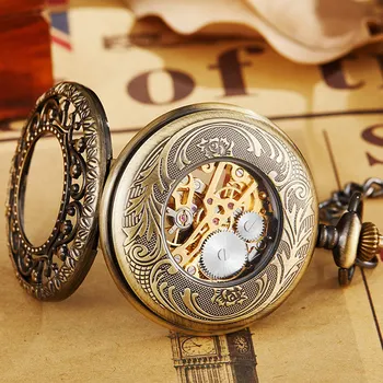 Luksusa Steampunk Zelta, Bronzas Mehāniskās Kabatas pulkstenis Ar FOB Ķēdes Puses Vējš Skelets Dobi Pulkstenis Vīriešiem, Sievietēm, Dāvanu Kastē