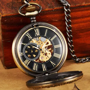 Luksusa Steampunk Zelta, Bronzas Mehāniskās Kabatas pulkstenis Ar FOB Ķēdes Puses Vējš Skelets Dobi Pulkstenis Vīriešiem, Sievietēm, Dāvanu Kastē