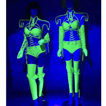 Luminiscences sieviete warrior skatuves tērpu komplekti pārredzamu augšējā joslā, DJ DS GOGO skatuves Sniegumu rāda Ilgi pušķis galvassegu