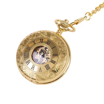Luxury gold vintage Romiešu cipariem, balta virsma atveriet vāciņu mehāniskās kabatas pulkstenis ar jostas ķēdi