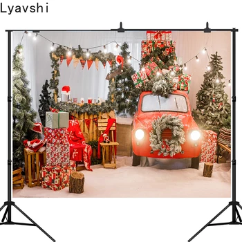 Lyavshi Fotogrāfijas Fona Ziemas Sniegpārslu Ziemassvētku Eglīte Sarkano Auto, Dāvanu Gaismas Apdares Backdrops Foto Studija