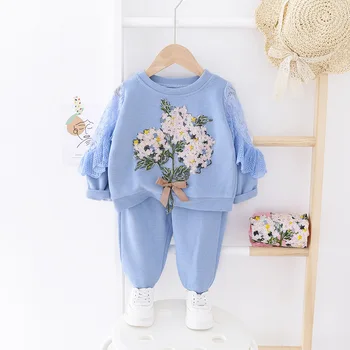 LZH 2021. gada Rudens Drēbes Toddler Meitenes Tērps, Izšūti Mežģīņu Topi+Bikses 2Pcs Set Gadījuma Bērni Ziedi Drēbes 1-2-4-5 Gads