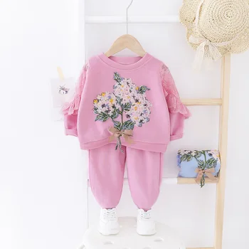 LZH 2021. gada Rudens Drēbes Toddler Meitenes Tērps, Izšūti Mežģīņu Topi+Bikses 2Pcs Set Gadījuma Bērni Ziedi Drēbes 1-2-4-5 Gads
