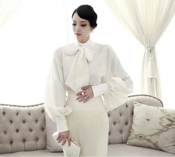 Līdz 2018. gada Pavasarī Jauno Modes Skrejceļa Blūze Sievietēm Mandarīnu Apkakles Liels eks Mīksti Topi Eleganta Šifona Kreklu