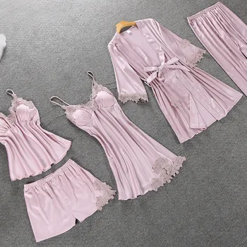 Līdz 2018. gada Rudenī Satīna Pidžamas Komplekts Sievietēm Eleganto 5GAB Sleepwear Zīmolu Sieviešu Sexy Apakšveļa, Mežģīnes Top Zīda Pidžamas Komplekts pyjama femme