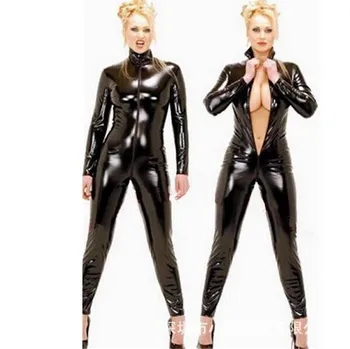 Līdz. Hot Sexy Black Catwomen Jumpsuit PVC Spandex Lateksa Catsuit Tērpi Sievietēm Ķermeņa Tērpi Fetiša Ādas Kleita Plus Size XXL