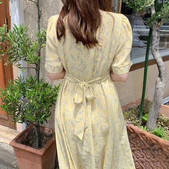 Līnijas Kleitas, Vasaras Sieviete Brīvdienu Datums Cute Salds korejiešu Stilā Dizaina Apģērbu Pogu, V Kakla Dzeltena Šifona Kleita ilgi