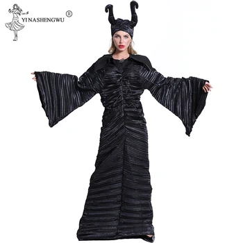 M-XL Plus Izmērs Helovīna Maleficent Cosplay Kostīmi Sieviete Biedējošu Šausmu Apģērbu komplektu ar Ragiem Melno Karaliene Ragana Apģērbu 5size