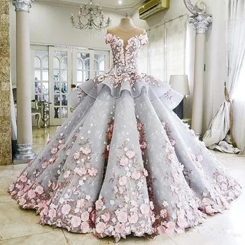 Mak-Tumang-maktumang organza salds īsām piedurknēm balles kleitas, Kāzu Kleitas 3D-Ziedu Appliques rozā mežģīnes Greznība Līgavas Vestidos