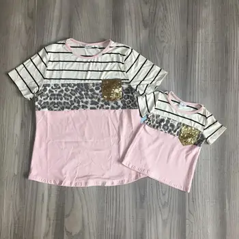 Mamma meitai kreklu meitenes 3 daļām leopards drukāt zelta vizuļi top mamma un meita vasarā rozā TEE